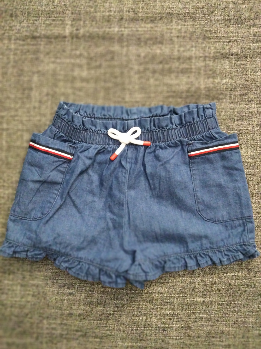 Tommy Hilfiger Girls Blue Denim-Style Ruffle Shorts with White Drawstring